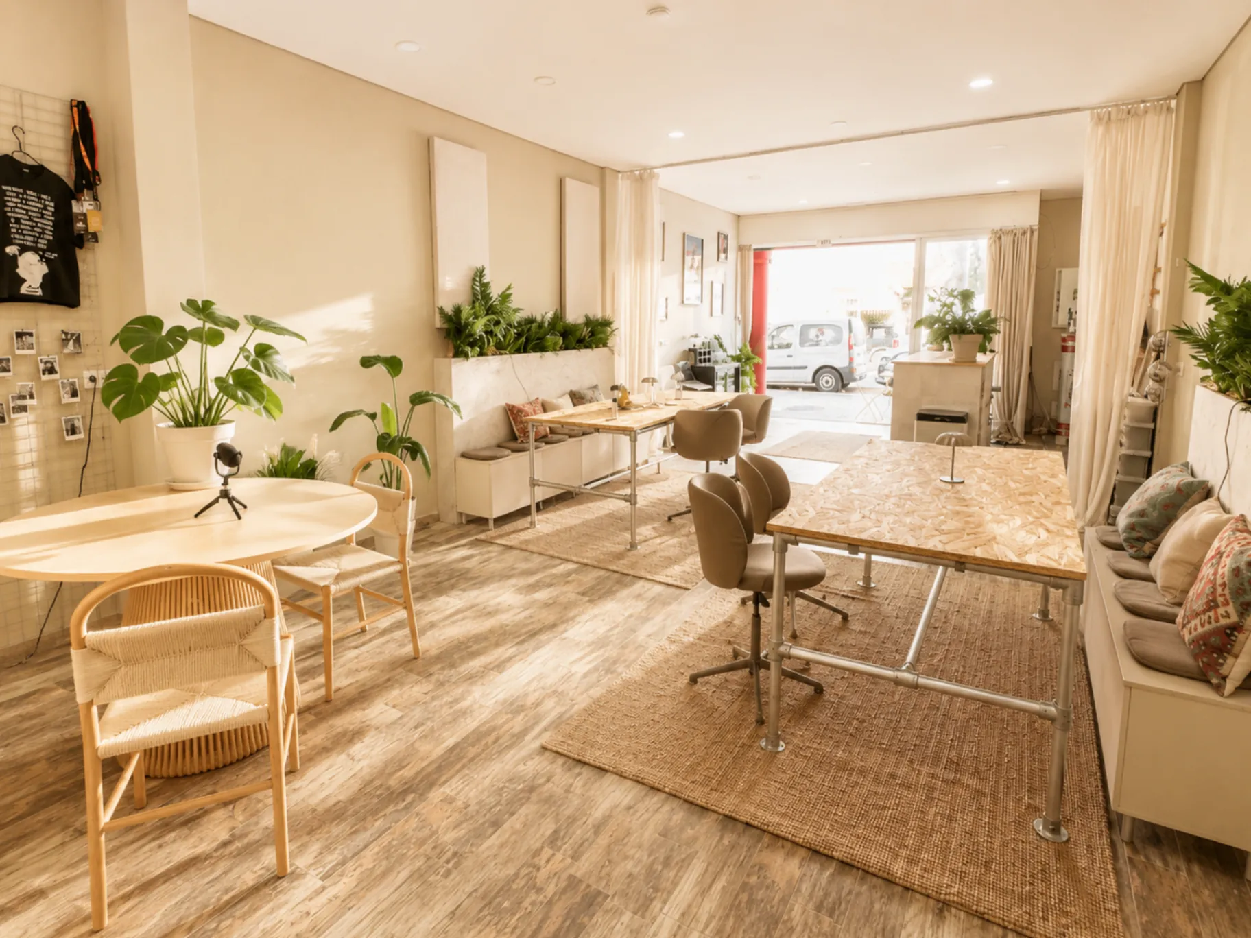 The warm interior of Out Of Office Costa da Caparica with shared tables, woven chairs, plants and soft natural daylight