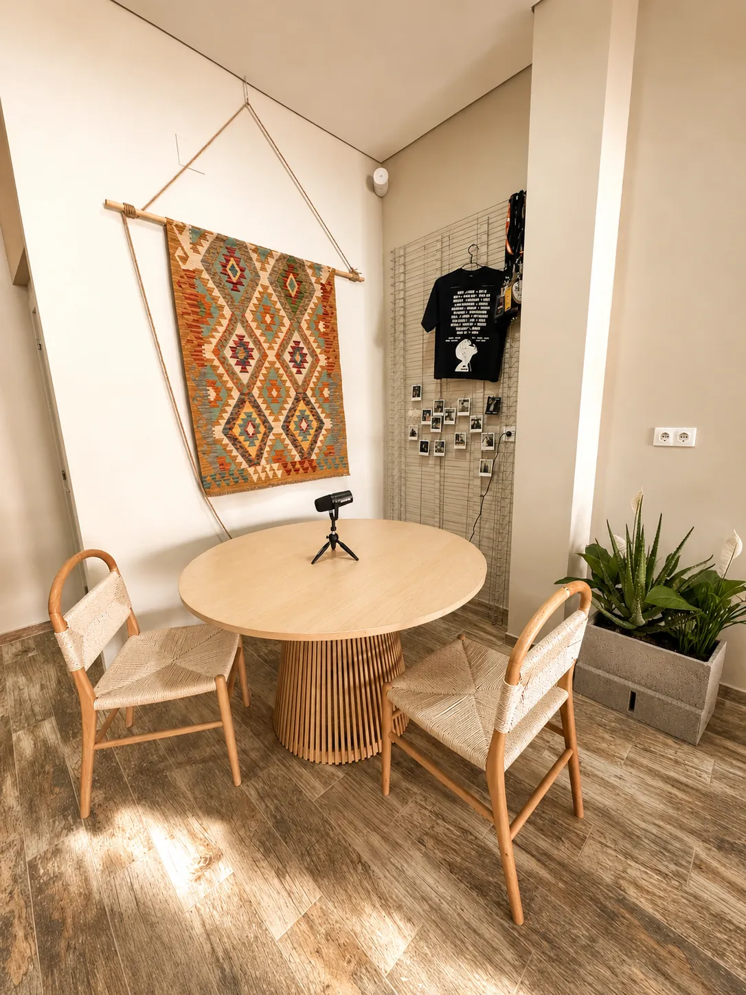 Round wooden meeting table and rattan chairs with wall grid and kilim